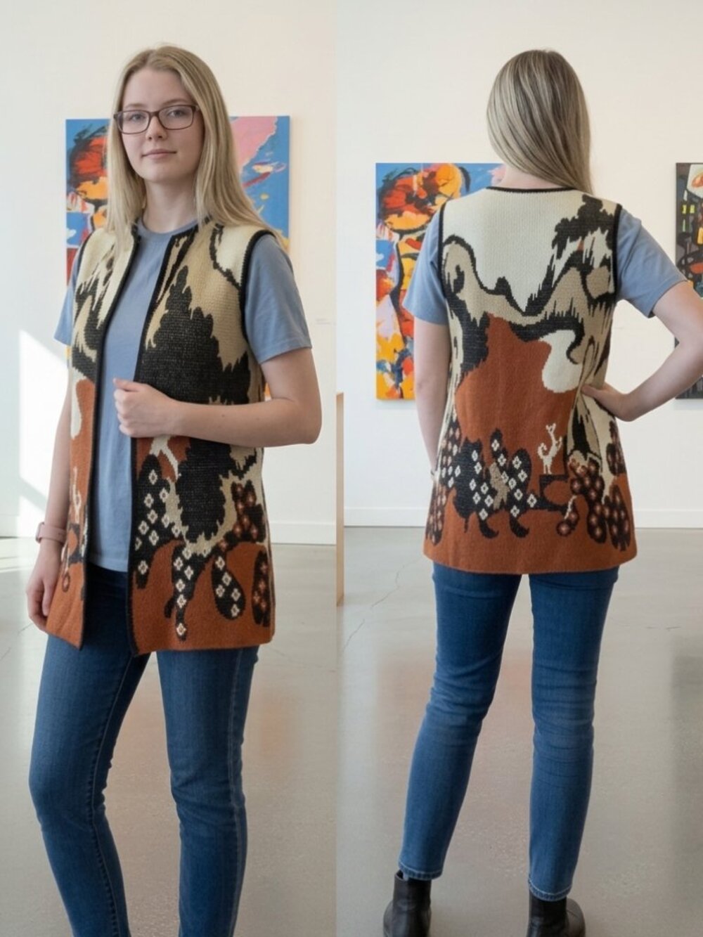 Vintage 70s Intarsia Knit Open Cardigan Vest